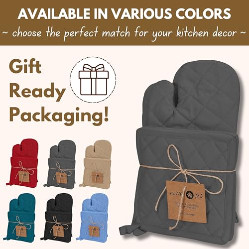 Native Fab Farmhouse Oven Mitts and Pot Holders Set of 4, Heat Resistant Non-Slip Machine Washable, 100% Cotton Kitchen Pot Holders Oven Mitts Sets Grey - color: Gray