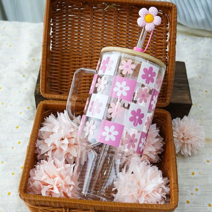 ANOTION Birthday Pink Glass Cup with Handle Gift Box for Women | Coquette Gift Basket for Her, Glass Cup with Handle, Fuzzy Socks, Knitted Coaster, Plush Bouquet - color: Pink-Flower