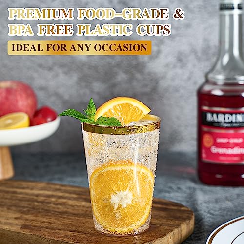 FOCUSLINE 100 Pack 12 oz Gold Rimmed Plastic Cups, 12 Ounce Clear Plastic Tumblers, Heavy-duty & Fancy Disposable Hard Cups with Gold Rim for Wedding - color: 12 oz Gold Rimmed