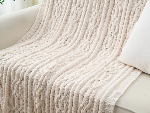 Battilo Cream White Ivory Throw Blanket for Couch, 51x 67 Inch, Woven Chenille Knit Throw Blanket for Chair, Super Soft Warm Decorative Textured Throw Blanket for Bed, Sofa and Living Room. | White Throw Blanket, Ivory Knit Blanket, Soft Woven Chenille Kn