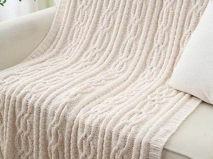 Battilo Cream White Ivory Throw Blanket for Couch, 51x 67 Inch, Woven Chenille Knit Throw Blanket for Chair, Super Soft Warm Decorative Textured Throw Blanket for Bed, Sofa and Living Room. | White Throw Blanket, Ivory Knit Blanket, Soft Woven Chenille Kn