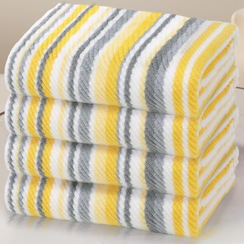 VOOVA & MOVAS Yellow Bath Towels 4 Pack, 100% Cotton, 28x52 in | Ideal for Daily Showering, Soft, Absorbent, Lightweight, Luxury Towel Set, Bath Towels with Hanging Loops - color: Yellow + Gray Striped, size: 4 PC Bath Towels (28"x52")