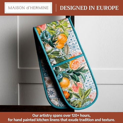 Maison d' Hermine Double Oven Mitts 100% Cotton Double Oven Glove (7"x35") | Heat Resistant BBQ Cooking Gloves with Loop Baking Grilling Kitchen Hotel Home Farmhouse Spring Summer - Agrume - color: 010 - Agrume, size: 7" x 35" (Double Oven Mitt)