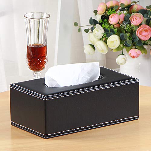 High-end Fashion PU Leather Tissue Box Holder Black with lid, Rectangular Napkin Facial Tissues Holder Dispenser,Home Office Car Tissue Box Cover Decorative Container with Magnetic Bottom (Black) - color: Black