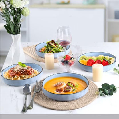 LIANYU Pasta Bowls Set of 4, 8.25’’ Wide Shallow Salad Serving Plate | Stoneware Ceramic Dinner Bowl Plates for Home Kitchen, Microwave & Dishwasher Safe, Serenity Blue - color: Serenity Blue