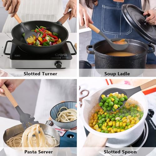 Kitchen Cooking Utensils Set, 6Pcs Silicone Kitchen Utensils Set Spatula Spoon Soup Ladle Turner, Heat Resistant Wooden Handle Silicone Cooking Gadgets for Nonstick Cookware & Baking BPA FREE - color: Gray, size: Standard 6-Piece Set