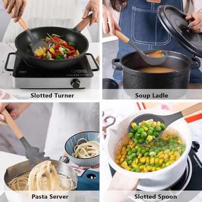 Kitchen Cooking Utensils Set, 6Pcs Silicone Kitchen Utensils Set Spatula Spoon Soup Ladle Turner, Heat Resistant Wooden Handle Silicone Cooking Gadgets for Nonstick Cookware & Baking BPA FREE - color: Gray, size: Standard 6-Piece Set