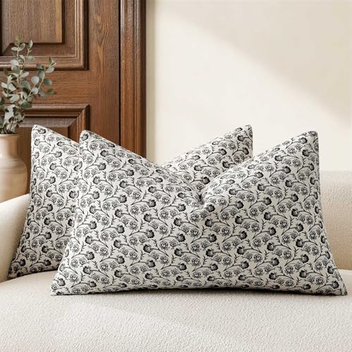 Ditsy Floral Lumbar Pillow Covers Set of 2, 12x20 Inch Black | 100% Organic Cotton, Soft Breathable, Farmhouse Cottage Block Print Cushion Covers, Handcrafted for Sofa Couch Living Bedroom - color: Black, size: 20" x 12" (Pack of 2)