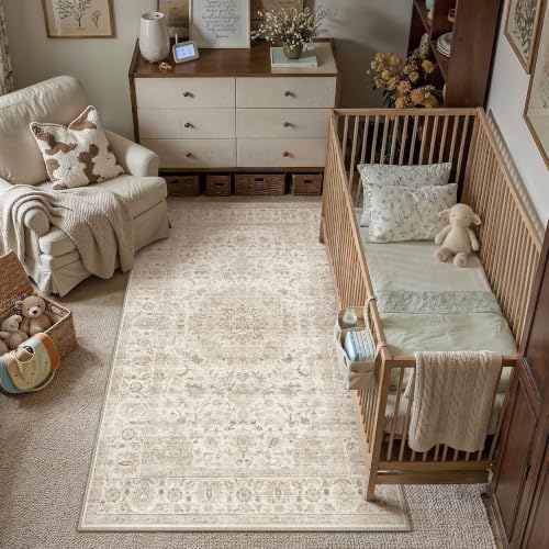 Area Rug 4x6 Beige Vintage Floral Farmhouse Style | Washable, Non Slip, Low Pile, Thin Distressed Medallion Carpet, Indoor Throw Rug for Living Room, Entrance, Foyer Entryway - color: Vintage Beige, size: 4' x 6' (Rectangular)