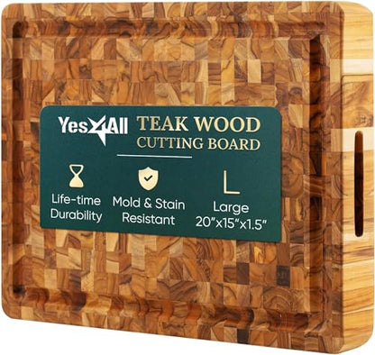 Yes4All Durable Teak Cutting Boards for Kitchen, [20''L x 15''W x 1.5” Thick] Large End Grain Cutting Board, Pre Oiled Wood Cutting Boards, Thick Chopping Board w/Juice Grooves and Easy Grip Handle - size: 20"L x 14.9"W, style: Teak