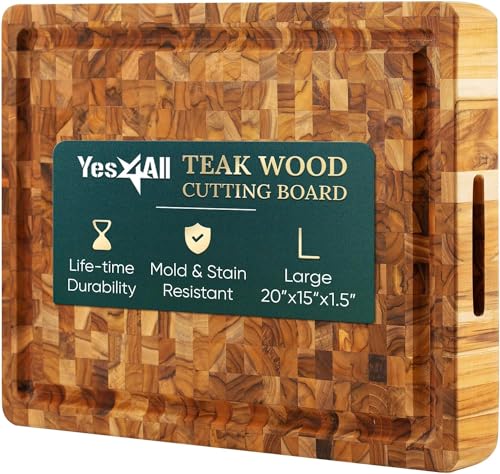 Yes4All Durable Teak Cutting Boards for Kitchen, [20''L x 15''W x 1.5” Thick] Large End Grain Cutting Board, Pre Oiled Wood Cutting Boards, Thick Chopping Board w/Juice Grooves and Easy Grip Handle - size: 20"L x 14.9"W, style: Teak