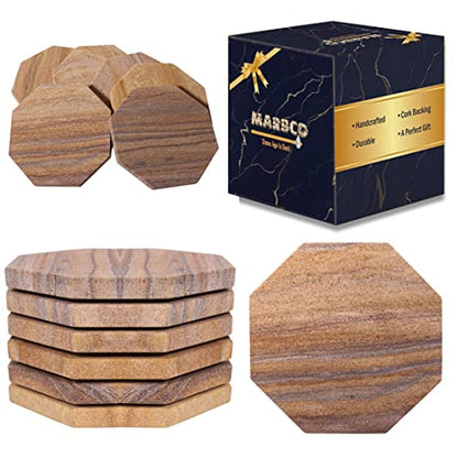 Sandstone Water Absorbent Hand Crafted Octagon Coasters for Drinks- Set of 6-4 inches Wide Thirsty Stone bar/Drink Coasters Made from Real Solid Stone (Without Holder, Set of 6) - style: Design 4