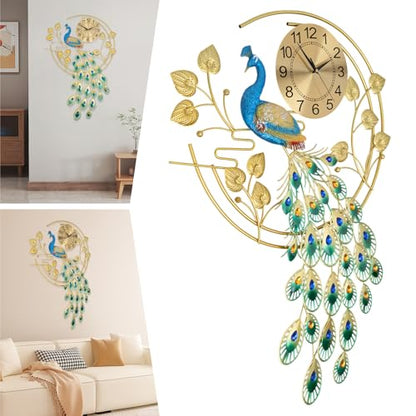 Large Peahen Wall Clock for Living Room Decor, Mid Century Decorative Big Peacock Wall Clocks Non-Ticking Silent 3D Creative Luxury Peacock Clock for Dining Room Bedroom