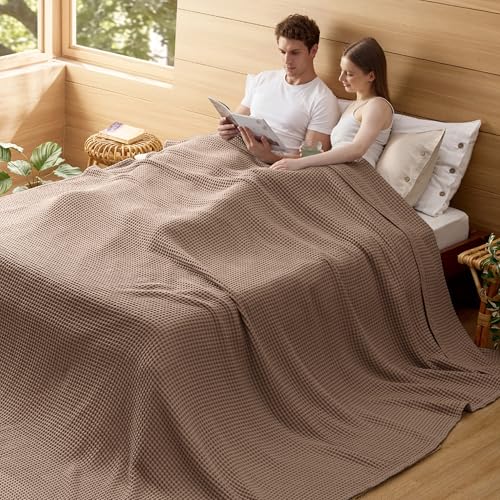 Bedsure Lightweight 100% Cotton Waffle Blanket, 120x94, Coffee Brown | Summer, Breathable, Soft, Comfort, Light, Thin, Textured, Bed, Couch, Sofa, Chair, Oversized King, Sheet Blanket, Cozy Gifts - color: Coffee Brown, size: Oversized King (120" X 94")
