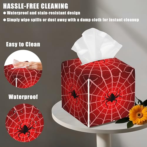 Spider Web Tissue Box Cover Square, Tissue Box Holder with Bottom Belt Leather Facial Paper Organizer Dispenser for Bathroom Bedroom Dresser Night Stand Tabletop - color: Spider Web