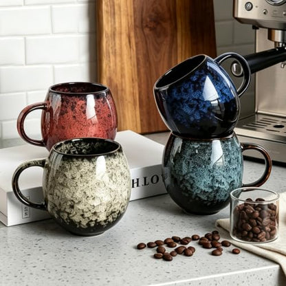 15 oz Ceramic Coffee Mugs Set 4, Tea Cups with Handle, 4 Colors | Colorful reactive glaze drinkware for tea, latte, cappuccino, espresso and matcha, microwave safe for kitchen and gifting.