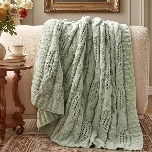 Chunky Knit Throw Blanket, Dual-Sided Soft Chenille Breathable Cable Knitted Blanket for Couch, Farmhouse Decorative Throw for Sofa & Chair, 50"x60", Sage Green - color: Sage Green, size: Cable Knit 50"x60"