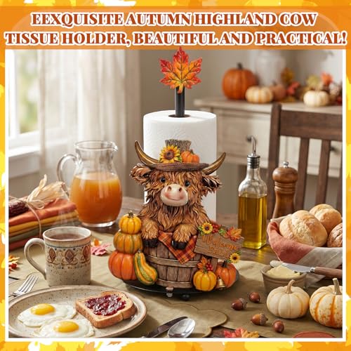 Highland Cow Fall Paper Towel Holder with Round Base Fall Bathroom Decor Rustic Highland Cow Dispenser Kitchen Paper Holder Stand for Countertop Toilet Home Accessories - style: Fall