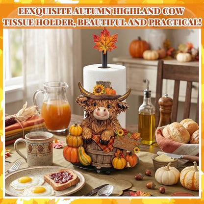 Highland Cow Fall Paper Towel Holder with Round Base Fall Bathroom Decor Rustic Highland Cow Dispenser Kitchen Paper Holder Stand for Countertop Toilet Home Accessories - style: Fall