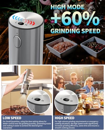 CIRCLE JOY 2-Speed Electric Salt and Pepper Grinder Set Rechargeable Stainless Steel Pepper Mills with Charging Base, LED Light and External Adjustable Coarseness for Hygienic Easy Use - color: Silver