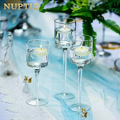 NUPTIO Glass Candle Holders, Set of 3 Stemmed Holders for Floating Candles | Clear Glass Cups, Elegant Long Stem Design, Dinner Table Centerpiece, Wedding Decor, Home Decoration