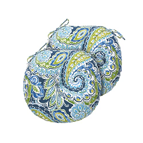 Magpie Fabrics Outdoor Round Bistro Seat Cushions with Ties, 15"x15"x4" Set of 2, Tufted Waterproof Barstool Chair Pads for Patio Home Garden Office, Paisley Lapis Green - color: Paisley Lapis Green