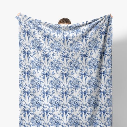 Coquette Bow Floral Blanket, Blue and White Chinoiserie Flower Decorative Throw Blanket for Couch Bed Sofa, Grandmillennial Throw Blankets for Living Room Bedroom Decor, 50x60 Inches - color: Color 03