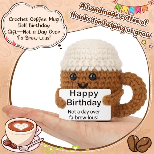 Xinezaa Mini Coffee Birthday Gifts for Women Men Best Friends Coworker | Gifts for Teen Girl Boy Daughter Son Her Him, Funny Handmade Crochet Mug, Years Old Birthday, Unique Happy Birthday Gift - style: Happy bday