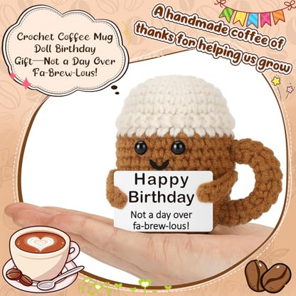 Xinezaa Mini Coffee Birthday Gifts for Women Men Best Friends Coworker | Gifts for Teen Girl Boy Daughter Son Her Him, Funny Handmade Crochet Mug, Years Old Birthday, Unique Happy Birthday Gift - style: Happy bday