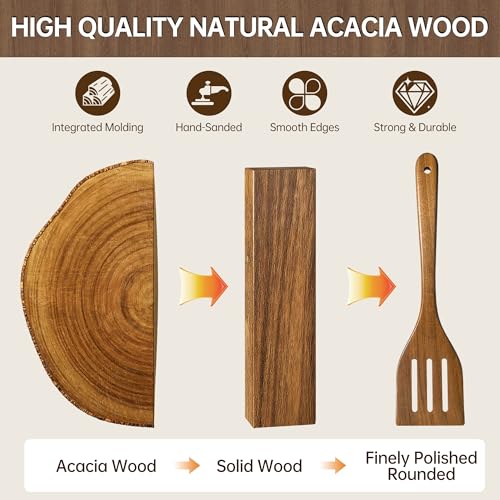 12 PCS Natural Acacia Wooden Utensil Set Wooden Spoons for Cooking | Non-Toxic, Nonstick Safe, Sturdy & Easy to Clean, Comes with Holder, Spoon Rest & 6 Hooks, Perfect Practical Kitchen Gift - size: 12 PCS SET