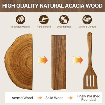 12 PCS Natural Acacia Wooden Utensil Set Wooden Spoons for Cooking | Non-Toxic, Nonstick Safe, Sturdy & Easy to Clean, Comes with Holder, Spoon Rest & 6 Hooks, Perfect Practical Kitchen Gift - size: 12 PCS SET
