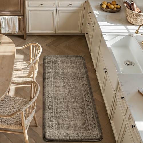 Kitchen Mats for Floor Anti Fatigue Cushioned Brown Vintage Kitchen Mats Waterproof Non Slip Comfort Standing Distressed Runner Rug for Sink Laundry Office Bathroom 17.3"x47" - color: Vintage | Brown, size: 17.3"x47"--0.4inch