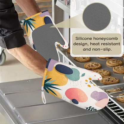 Oven Mitts and Pot Holders Boho Tropical Leaves Silicone Kitchen Accessories Set of 4 Heat Resistant Gloves Potholder Non-Slip Grip for Chef Cooking Baking Grilling BBQ - color: Boho Tropical Leaves