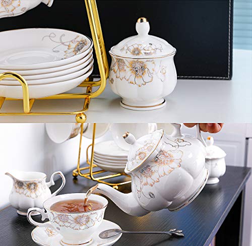 CHENP.HMC Tea Set 22-Piece Porcelain Ceramic Coffee(Chrysanthemum) | Tea Gift Sets Cups Saucer Service for 6 Teapot Sugar Bowl Creamer Pitcher and Teaspoons - color: White Yellow