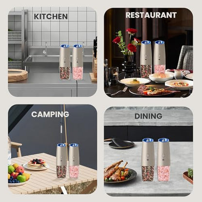 Rechargeable Gravity Salt Pepper Grinder Set, 2 Pack (Khaki) | Gravity Rechargeable Grinder With Led Light & Adjustable Coarseness, No Extra Batteries Needed For Kitchen Seasoning - color: Rechargeable/2pcs/Khaki