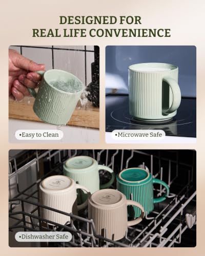 famiware Coffee Mug Set of 4, Star 12 oz Ceramic Mugs Cups Set with Handle | Stoneware Stackable Catering Cup for Coffee, Tea, Cappuccino, Latte, Microwave & Dishwasher Safe, Green - color: Star-Green, size: 4 Count (Pack of 1)