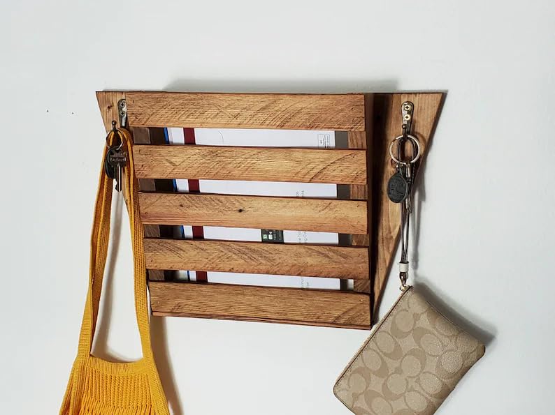 Rustic Wood Wall Mount Mail Organizer with Hooks, Farmhouse Wooden Wall Letter Holder, Key Holder Mail Sorter for Entryway, Kitchen, Office, Home Decor