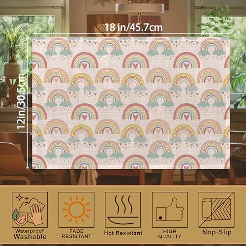 Rainbow Heart Placemats,Boho Whimsical Table Mats Set of 6,12x18 Inch,Waterproof Oil-Proof Washable and Reusable Linen placemats Holiday Party Kitchen Table Decorations - color: Rainbow Heart，boho Whimsical