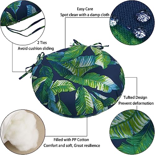 Magpie Fabrics 15" Round Bistro Seat Cushions with Ties, Set of 2, Waterproof All Weather Tufted 4" Thick Patio Chair Pads for Home Garden Dining Metal Stool - Green Lagoon Leaves - color: A Green Lagoon Leaves
