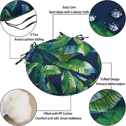 Magpie Fabrics 15" Round Bistro Seat Cushions with Ties, Set of 2, Waterproof All Weather Tufted 4" Thick Patio Chair Pads for Home Garden Dining Metal Stool - Green Lagoon Leaves - color: A Green Lagoon Leaves