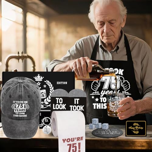 75th Birthday Gifts for Men Whiskey Glass Set, 75th Birthday Party Supplies with 11 Oz Whiskey Glass Coaster Stone Baseball Cap Apron Sock Toilet Paper Keychain for Him, Dad, Husband, Friends - style: 75th Birthday