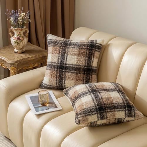 Brown Plaid Pillow Covers, Fuzzy Boucle Farmhouse Throw Pillow Covers 20x20 | Set of 2, Autumn Cozy Fluffy Curly Sherpa Throw Pillows, Black Tan Brown Checkered Accent, For Living Room, No Pillow Insert - color: Brown Buffalo Plaid Indoor Pillow Covers, s