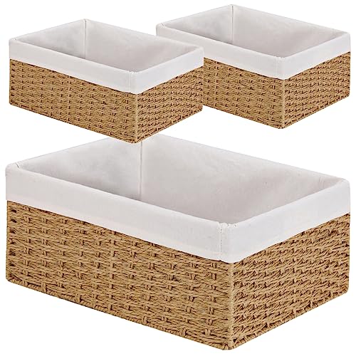 Wicker Storage Basket, 3-Pack Woven Paper Rope Wicker Baskets with Handles, Large Wicker Basket Cube Storage Bins with Liners, Storage Baskets for Organizing Shelves & Decor, Natural - color: Natural