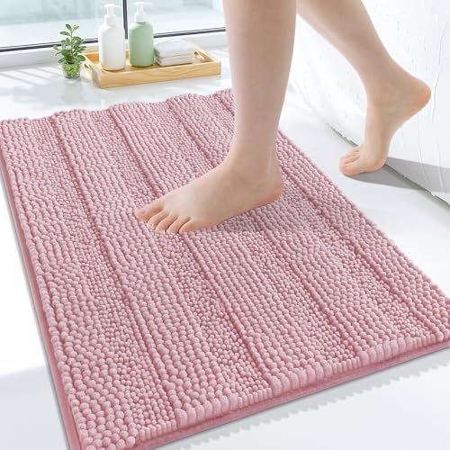 Grandaily Chenille Striped Bathroom Rugs 24x16, Extra Thick and Soft Absorbent Bath Mats, Rubber Backing, Plush Shaggy Shower Carpet, Machine Wash Dry, Bath Rug for Bathroom, Dusty Rose - color: Dusty Rose, size: 24" X 16"