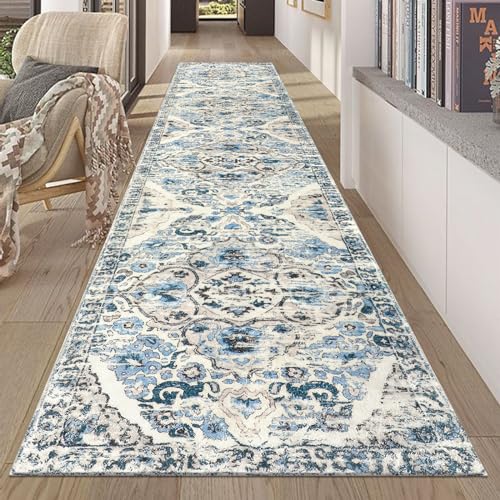 HEBE Hallway Runner Rug 2'x10', Washable Non Slip Kitchen Rug Runner | Soft Boho Bedroom Runner Rug, Vintage Distressed Low-Pile Floor Carpet Runners for Hallway, Entrance, Bathroom, Laundry - color: Blue, size: 2' x 10' (Rectangular)