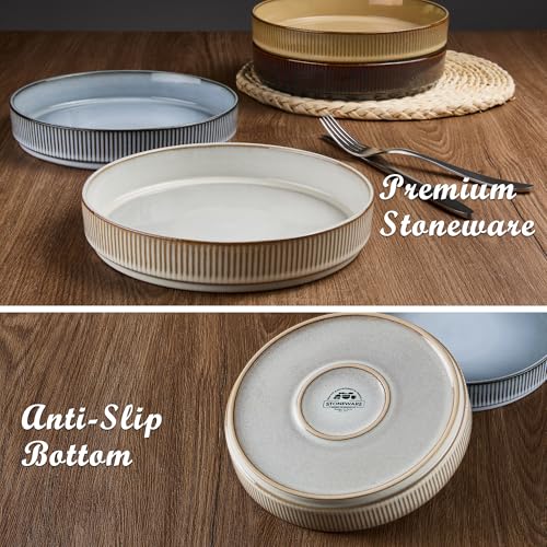 E-far Pasta Bowls Set of 4, 35oz Large Salad Bowl Plate for Dinner Serving Soup, Wide & Shallow Ceramic Stoneware Pasta Plates, Microwave & Dishwasher Safe, Reactive Glaze Textured Stripes, Multicolor - color: Multicolor