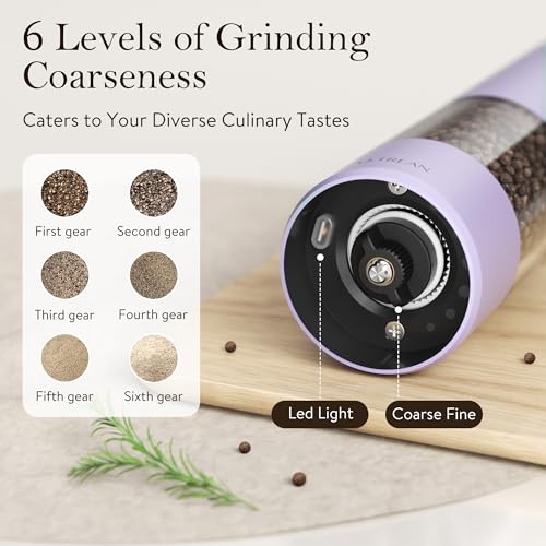 Ultrean Pepper Grinder, Rechargeable Salt and Pepper Grinder with 6 Adjustable Coarseness, LED Light, Automatic Salt and Pepper Shakers, Kitchen Gadgets, Gifts for Women, Lavender Purple - color: Lavender Purple
