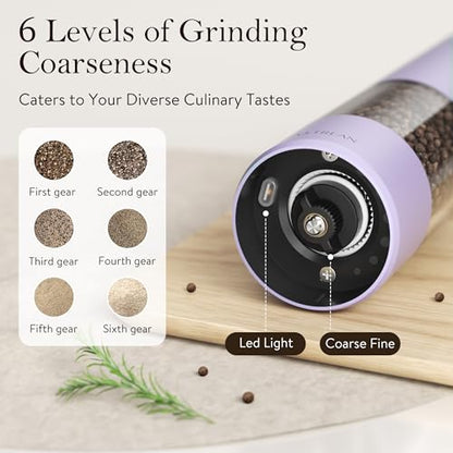 Ultrean Pepper Grinder, Rechargeable Salt and Pepper Grinder with 6 Adjustable Coarseness, LED Light, Automatic Salt and Pepper Shakers, Kitchen Gadgets, Gifts for Women, Lavender Purple - color: Lavender Purple