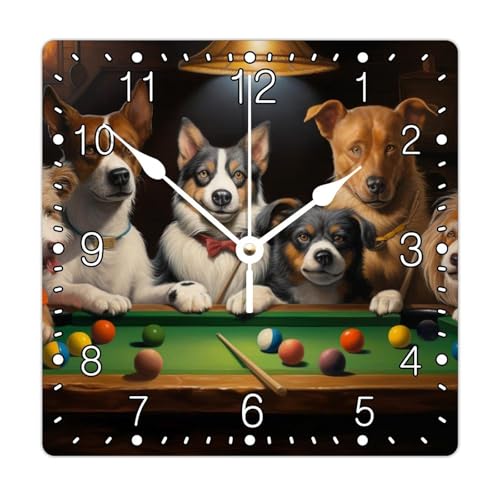 Dog Playing Billiards Wall Clock Funny Dog 12 Inch Wooden Wall Clocks Battery Operated Non-Ticking Farmhouse Decor for Office Home Decor Wedding Birthday Housewarming Gift - color: Style-1, size: 12x12 in