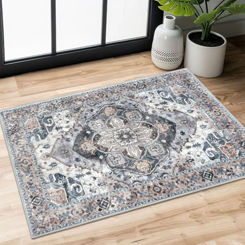 SIILOOM 2x3 Small Washable Area Rug Entryway Door Mat Indoor Kitchen Runner | Soft Boho Vintage Non Slip Carpet for Entryway Kictchen Front Backdoor Hallway Bedside Bedroom, Easy Clean - color: Ash Taupe Blue, size: 2' x 3' (Rectangular)